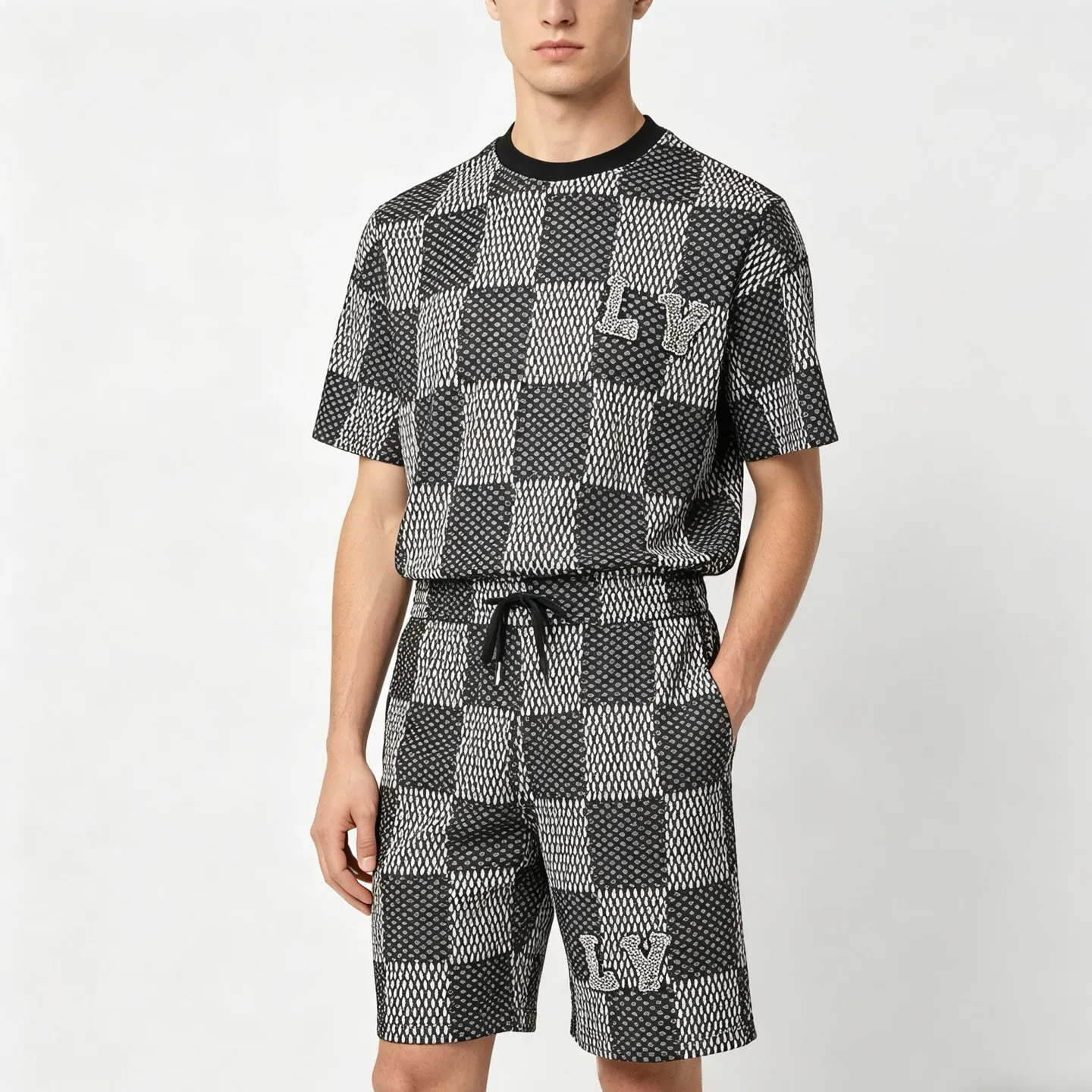 Louis Vuitton/Louis Vuitton rhinestone letter logo checkerboard shorts